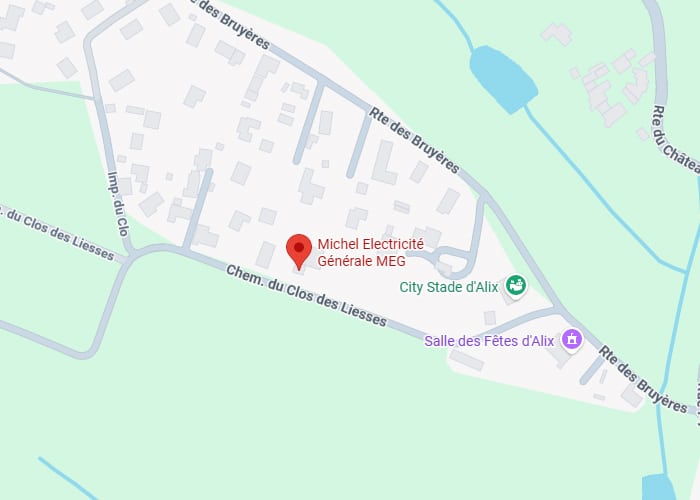 Michel Electricité Alix : Adresse et localisation sur carte. Carte montrant Michel Electricité Générale MEG (Alix) sur le Chem. du Clos des Liesses, proche de la Salle des Fêtes et Rte des Bruyères.