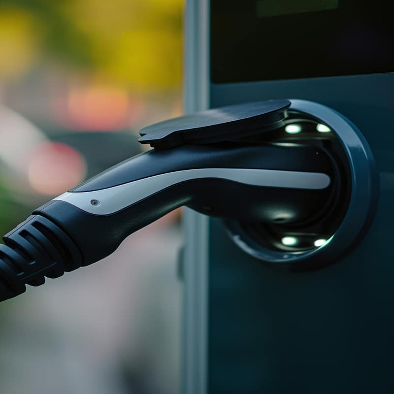 Recharge Voiture Électrique : Connectez-vous à la Borne Connecteur noir et blanc pour véhicule électrique enfiché dans une borne de recharge. Les LED de la prise indiquent l'activation