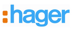 Logo Hager : Solutions de Matériel Électrique et Domotique Logo Hager avec le nom en minuscules bleues et deux carrés orange superposés à gauche sur fond blanc.