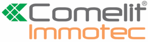Logo Comelit Immotec : icône géométrique verte avec lettrage gris Comelit et orange Immotec sur fond blanc.