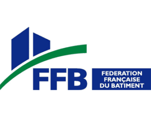 Logo FFB : Fédération Française du Bâtiment Officiel Logo de la FFB, Fédération Française du Bâtiment, avec silhouettes d'immeubles bleus et arc de cercle vert.