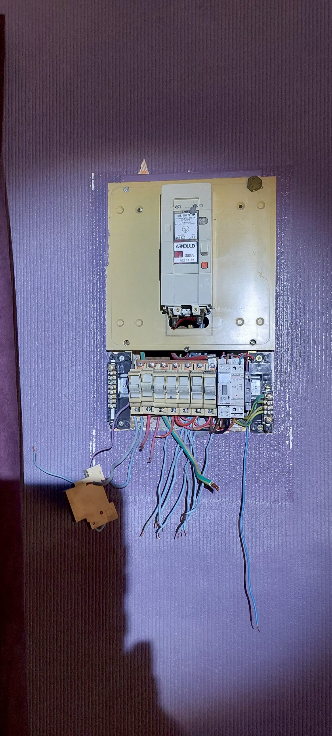 Tableau électrique ouvert, disjoncteur Arnould, nombreux fils apparents et emmêlés sur un mur violet.