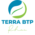 Terra BTP Rhône : Solutions et services pour le bâtiment Logo circulaire bleu et vert Terra BTP avec mention Rhône en écriture cursive sur fond noir.