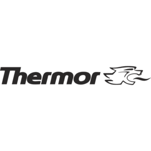 Logo Thermor : Chauffage, Radiateurs et Chauffe-eau Logo Thermor noir avec une tête de félin stylisée soufflant une flamme, symbole de performance thermique.