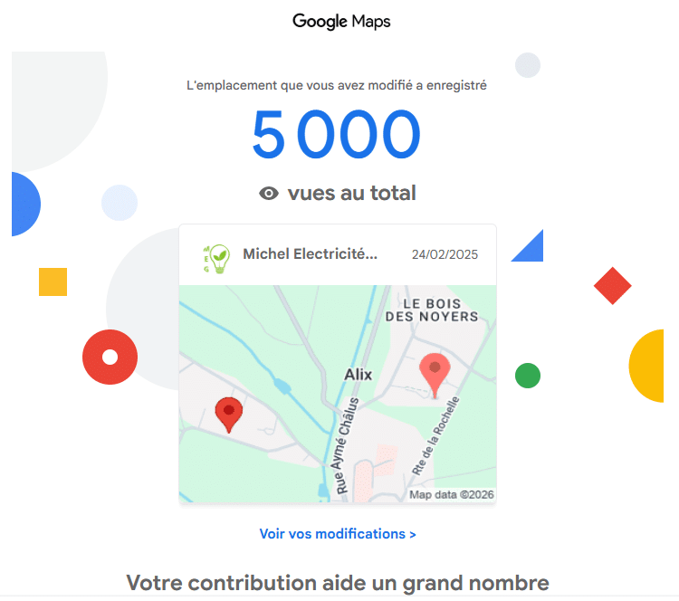 Notification Google Maps : 5 000 vues pour la modification de l'emplacement Michel Electricité datée du 24/02/2025.
