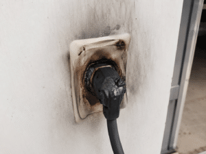 Prise électrique brûlée et fondue avec suie sur mur blanc.