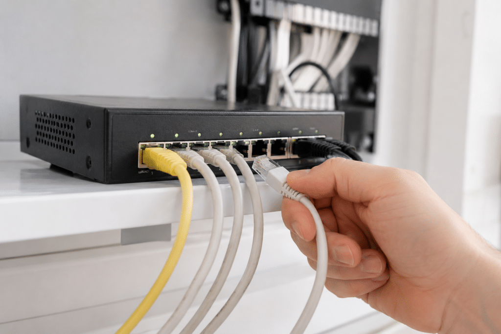 Main branchant un câble Ethernet RJ45 blanc dans un commutateur réseau.