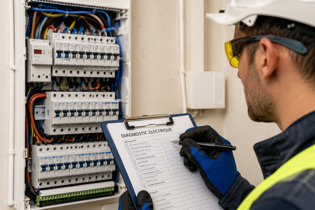Électricien inspectant un tableau électrique avec un document 'DIAGNOSTIC ÉLECTRIQUE' sur un presse-papiers.